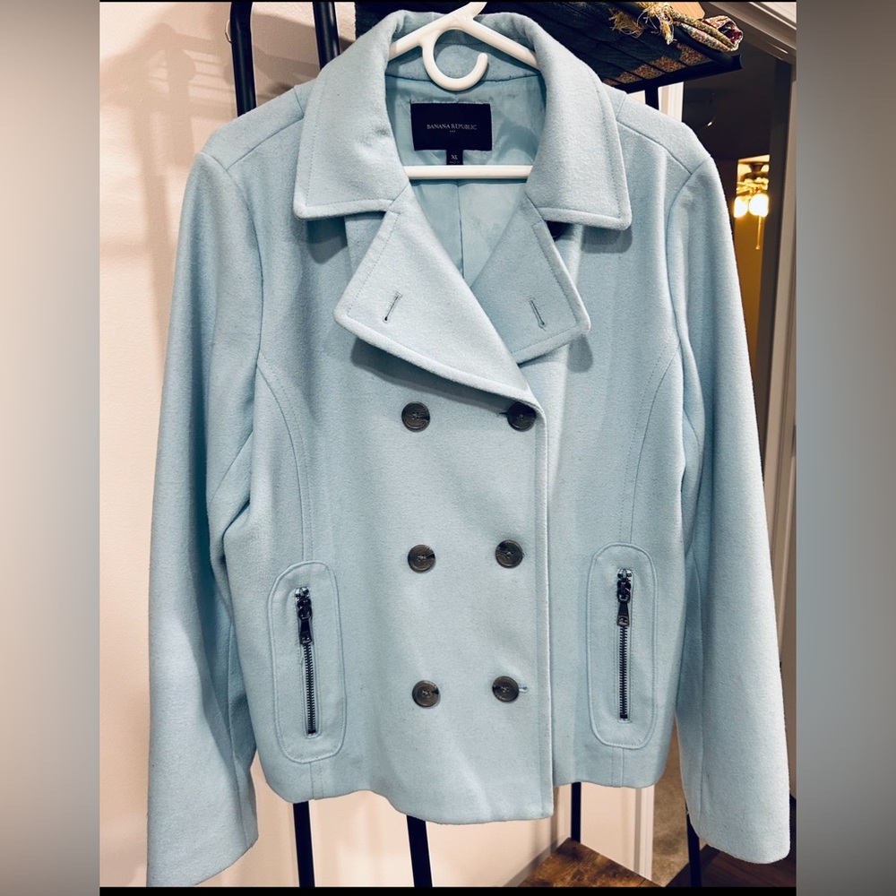 Banana Republic baby blue wool moto-style coat w/ zipper detail XL